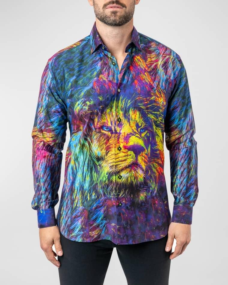 Men's Fibonacci Lion Trip Dress Shirt by MACEOO