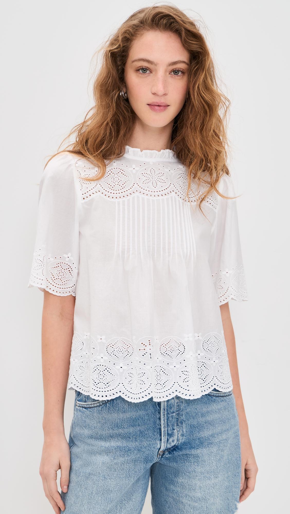 Embroidered Pintuck High-Neck Top by MADEWELL