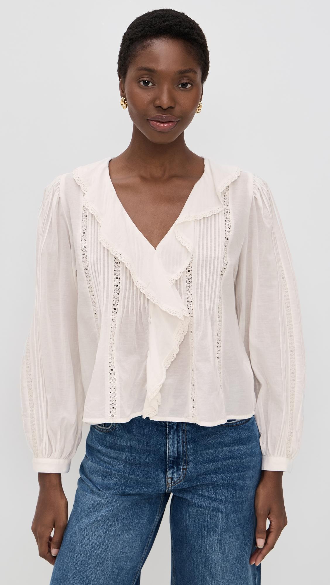 Lace-Insert Ruffled Pintuck Long-Sleeve Top by MADEWELL Lace-Insert Ruffled Pintuck Long-Sleeve Top by MADEWELL
