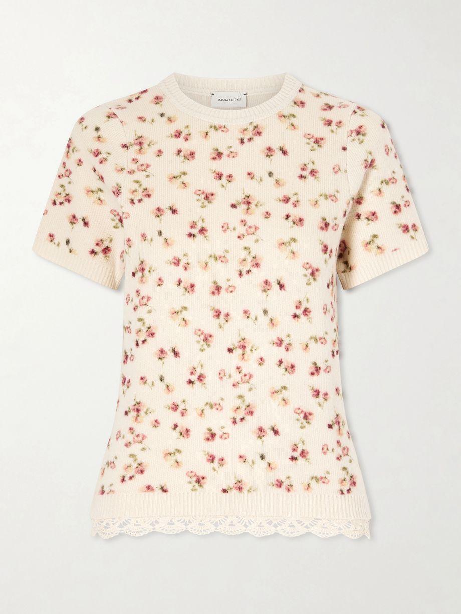 Lace-trimmed floral-print ribbed wool, silk and cashmere-blend T-shirt by MAGDA BUTRYM
