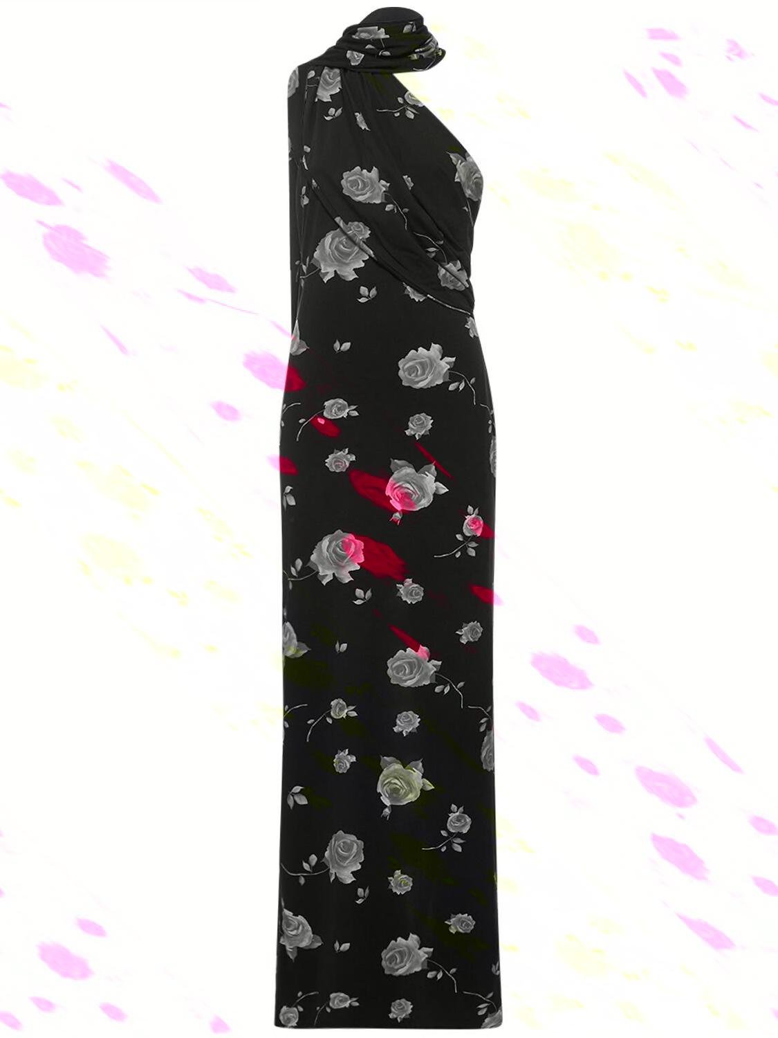 Rose Print Jersey Long Dress W/scarf by MAGDA BUTRYM