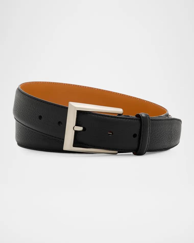 Men's Rocas Rectangle-Buckle Grained Leather Belt by MAGNANNI