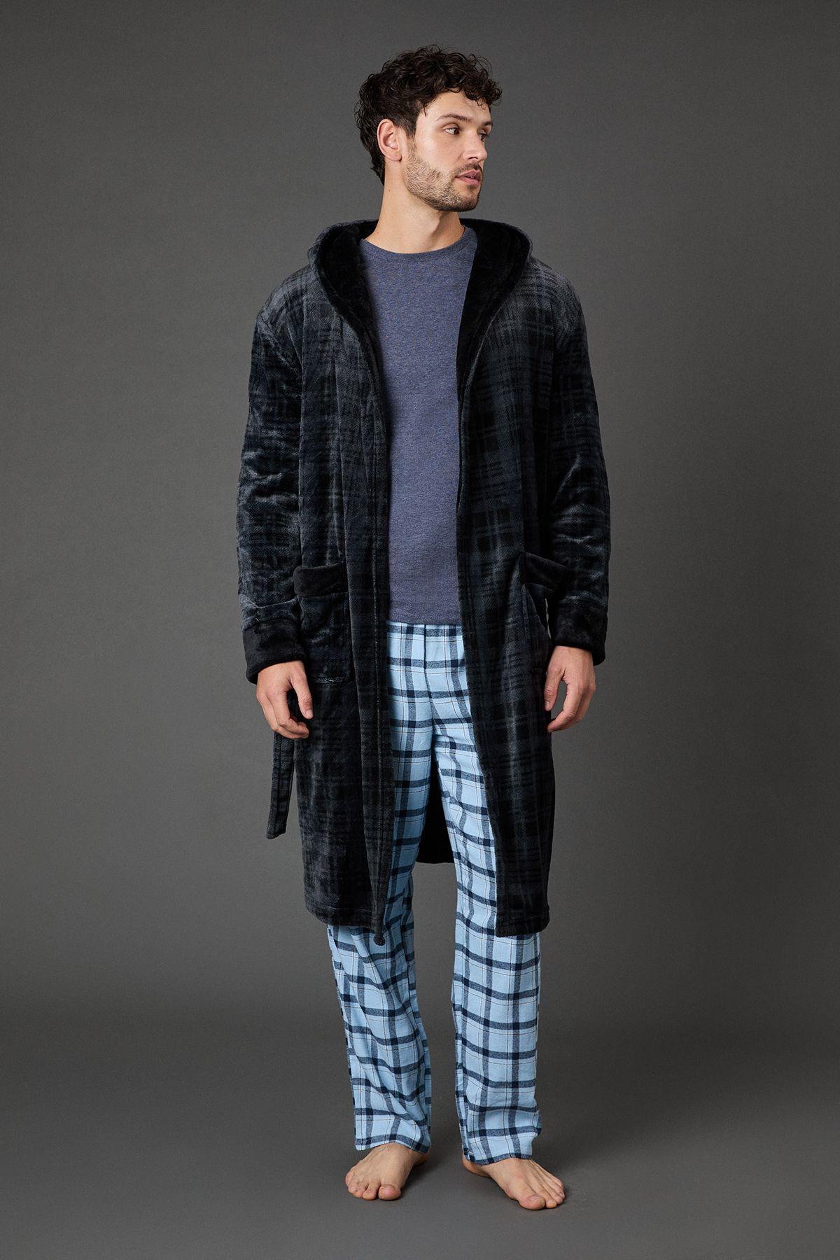 Black Check Bonded Fleece Lined Hooded Dressing Gown by MAINE