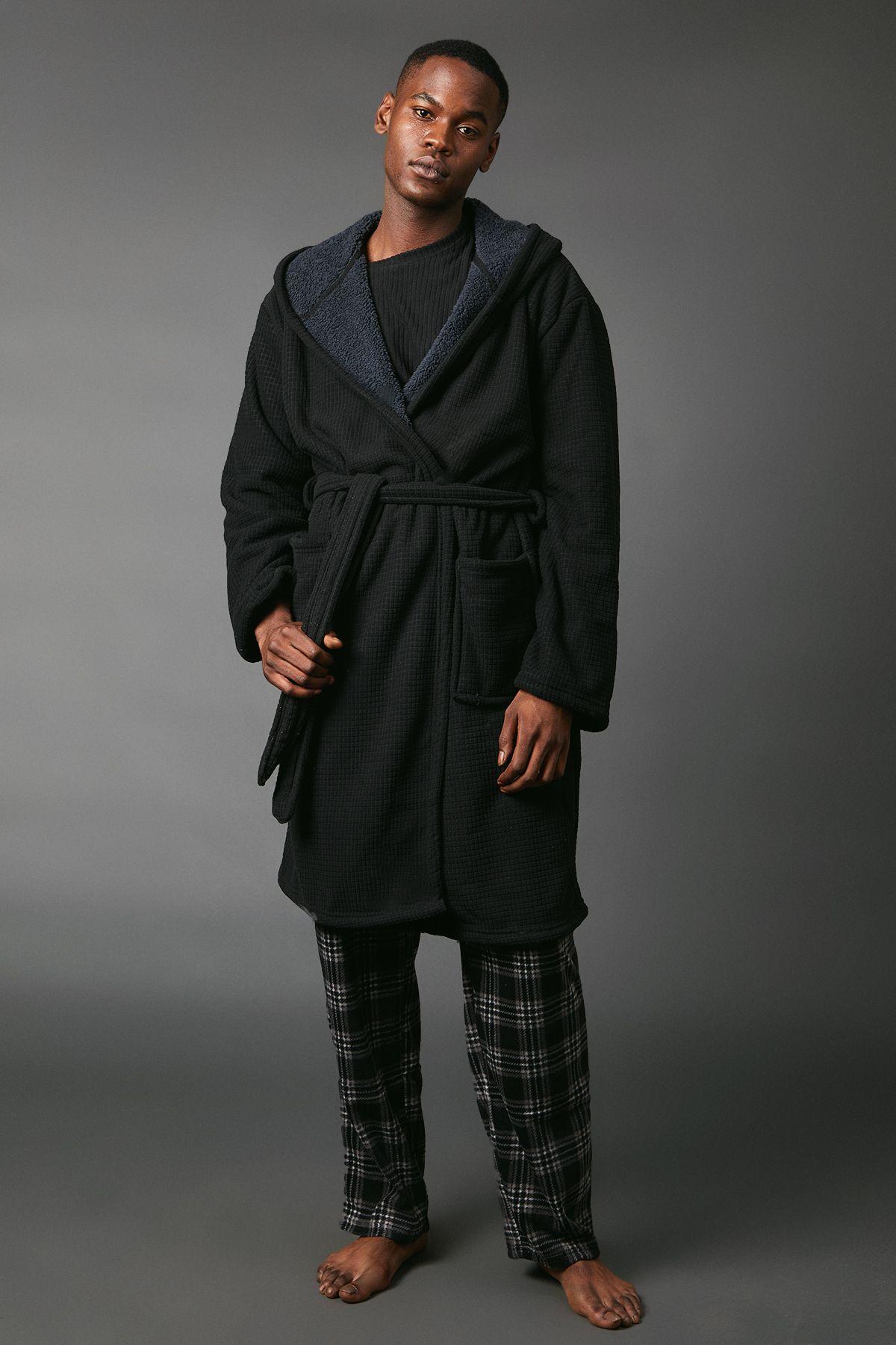 Black Waffle Bonded Fleece Lined Hooded Dressing Gown by MAINE