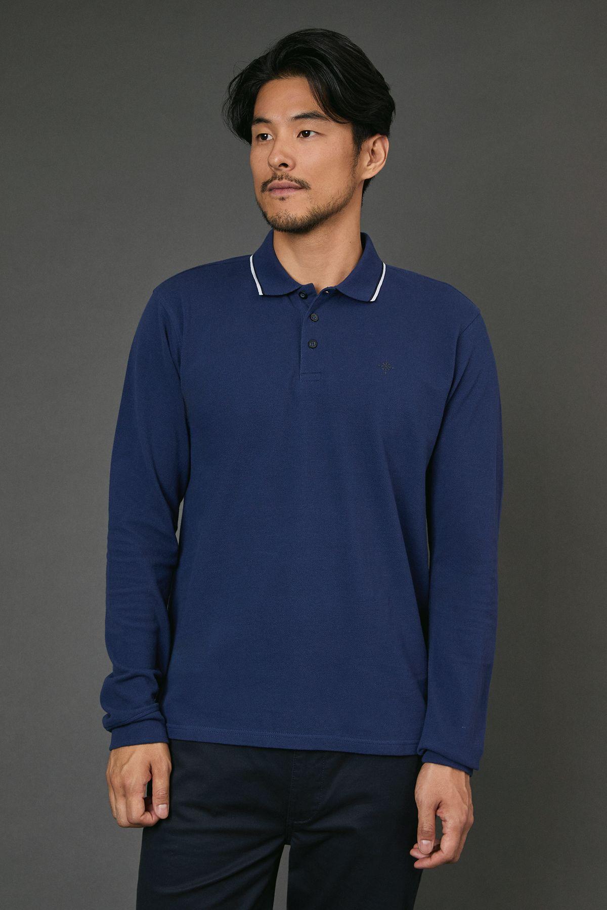Blue Long Sleeve Pique Polo Shirt by MAINE