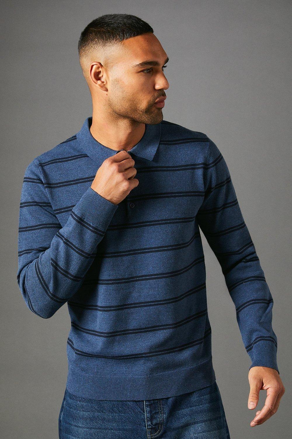 Blue Stripe Long Sleeve Knitted Polo by MAINE
