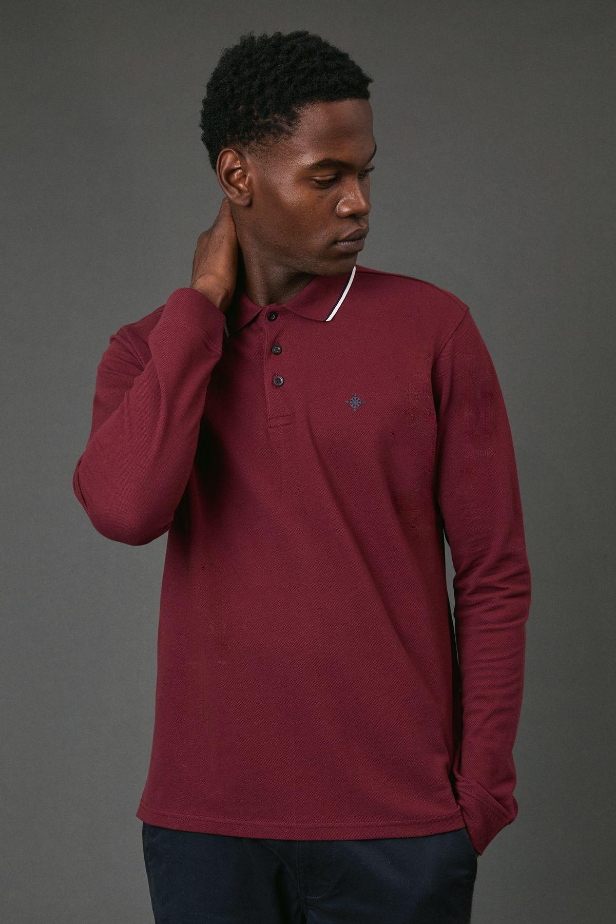 Burgundy Long Sleeve Pique Polo Shirt by MAINE