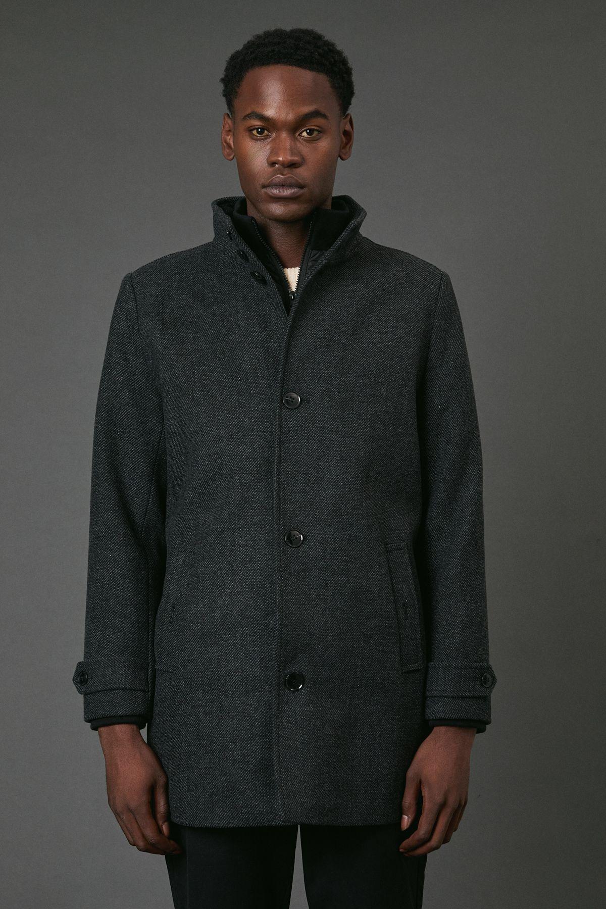 Charcoal Wool Blend Funnel Neck Coat With Insert by MAINE Charcoal Wool Blend Funnel Neck Coat With Insert by MAINE