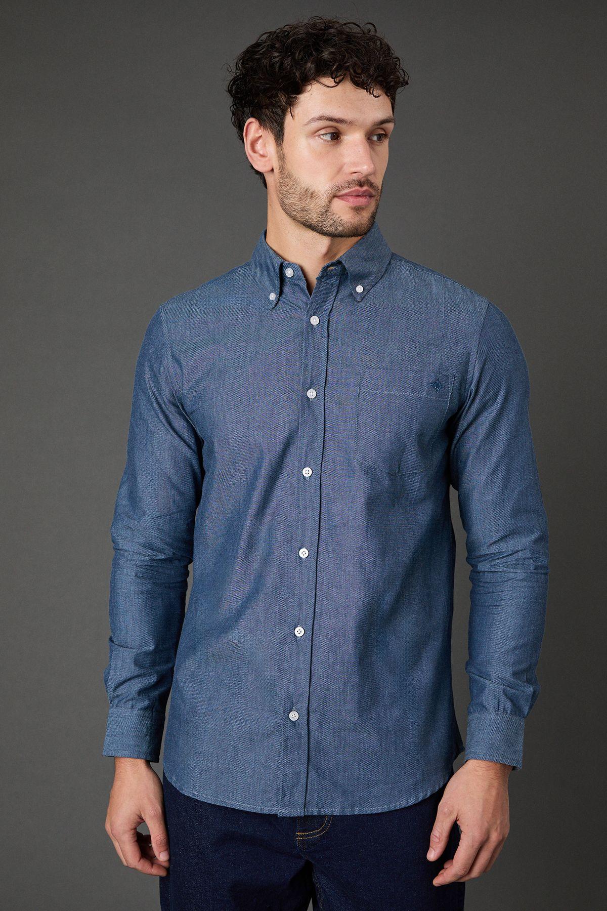 Dark Blue Textured Chambray Long Sleeve Shirt by MAINE Dark Blue Textured Chambray Long Sleeve Shirt by MAINE