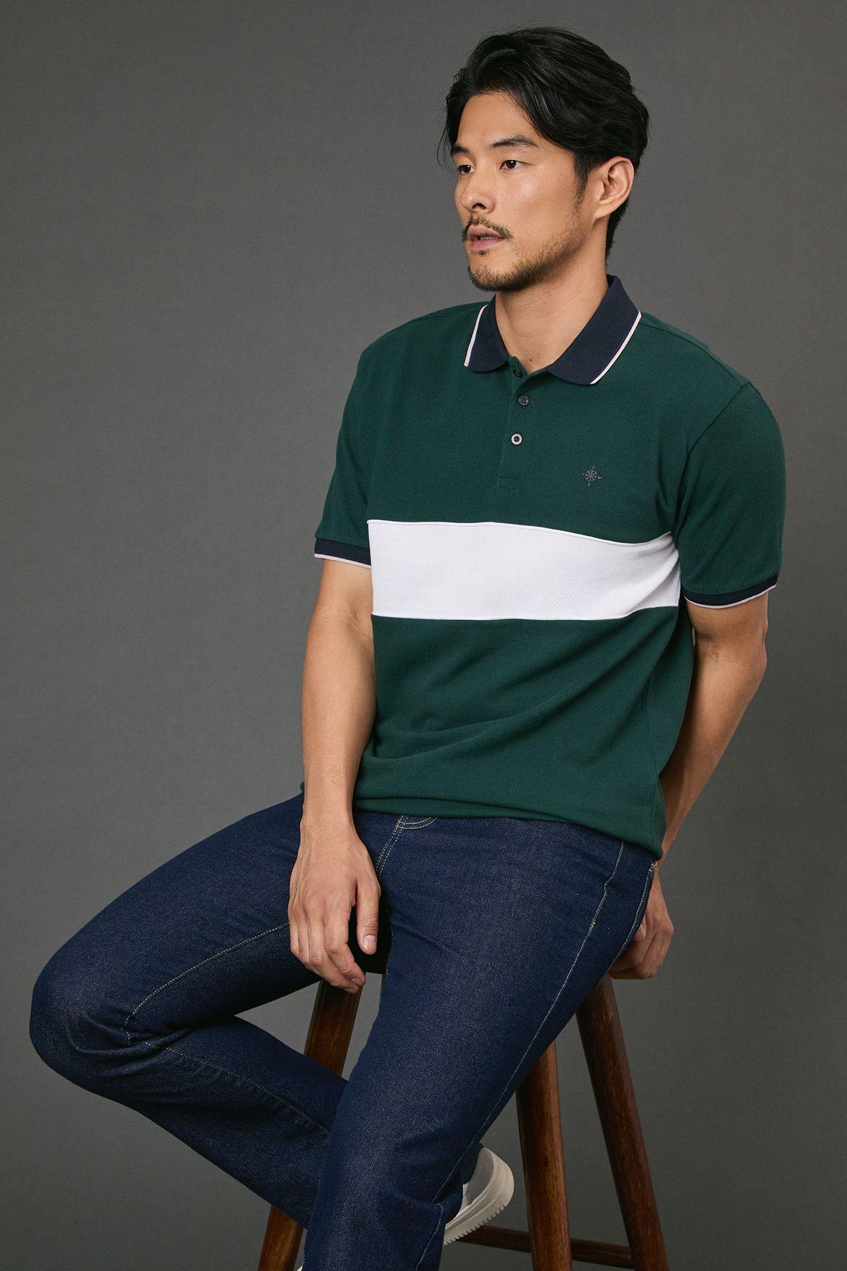 Dark Green Chest Detail Pique Polo Shirt by MAINE