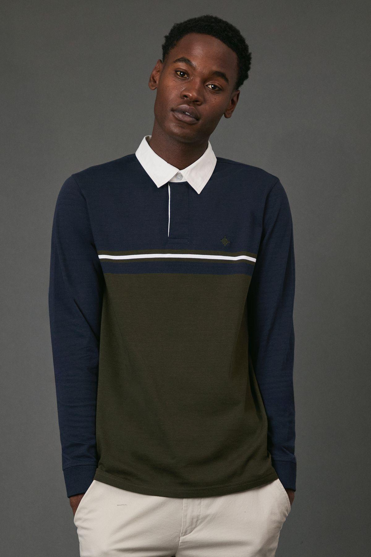 Dark Green Colour Block Rugby Shirt by MAINE