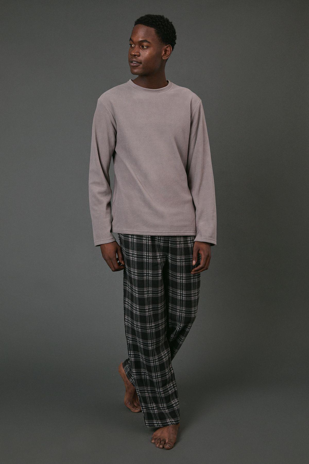 Dark Grey Jersey Top With Microfleece Check Trousers Set by MAINE
