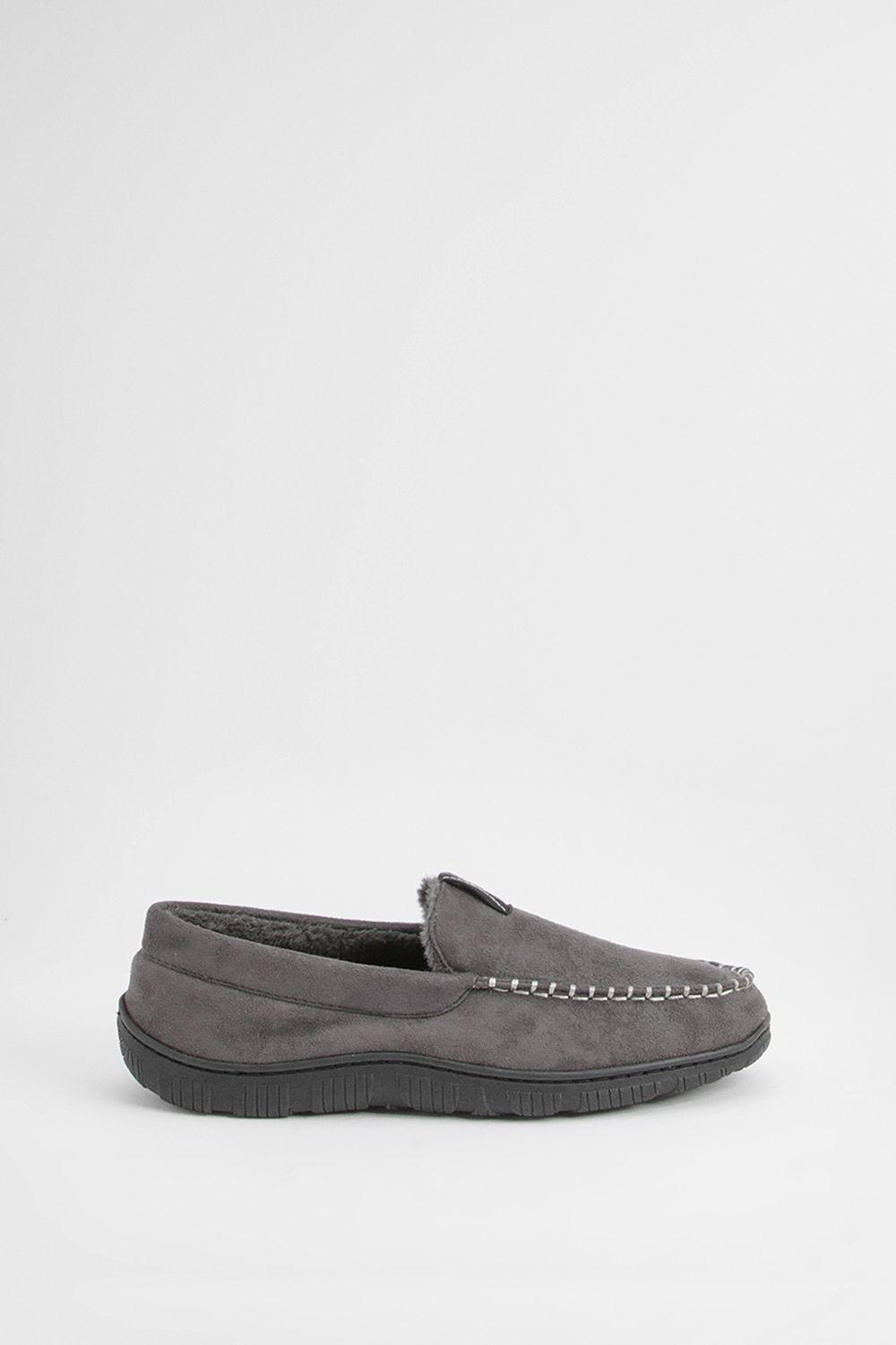 Grey Faux Fur Lined Moccasin Slippers by MAINE