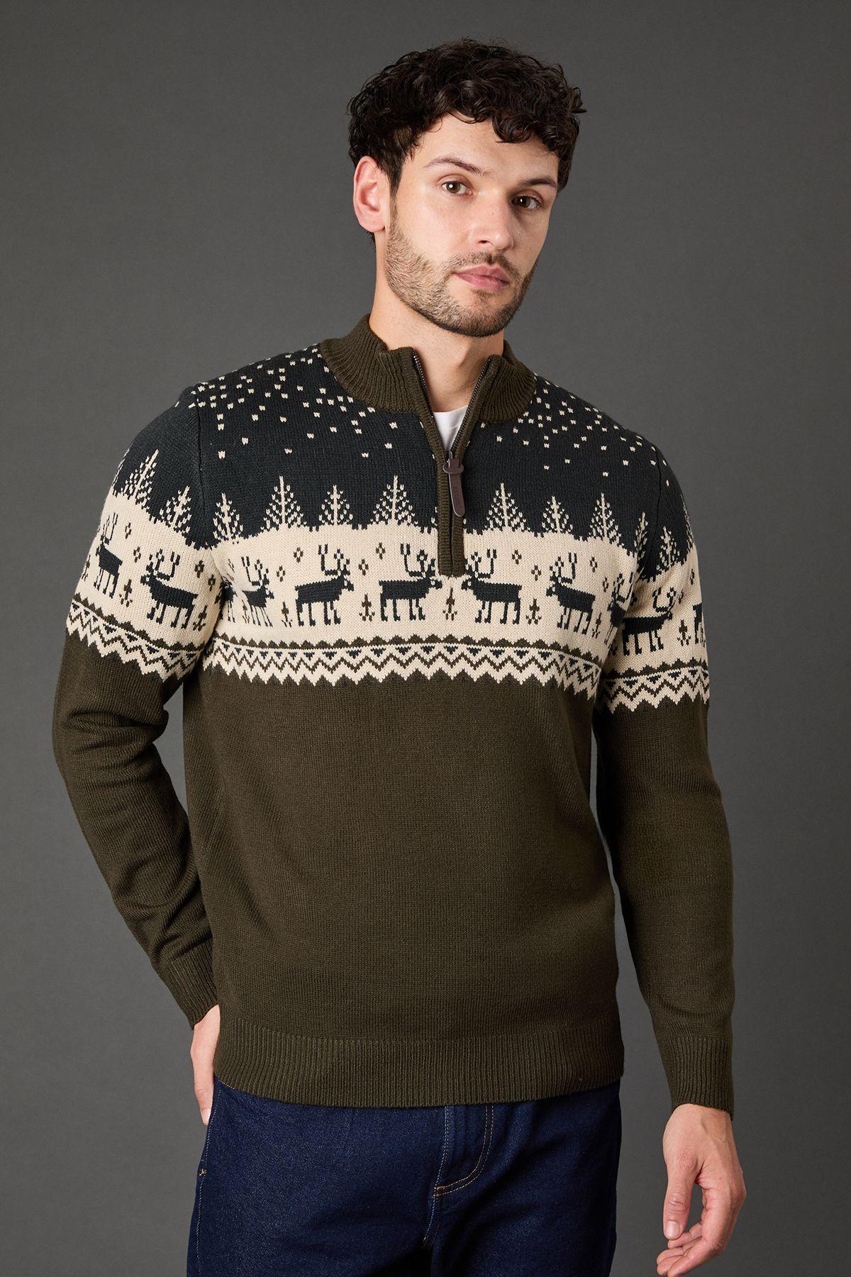 Khaki Half Zip Knitted Christmas Jumper by MAINE