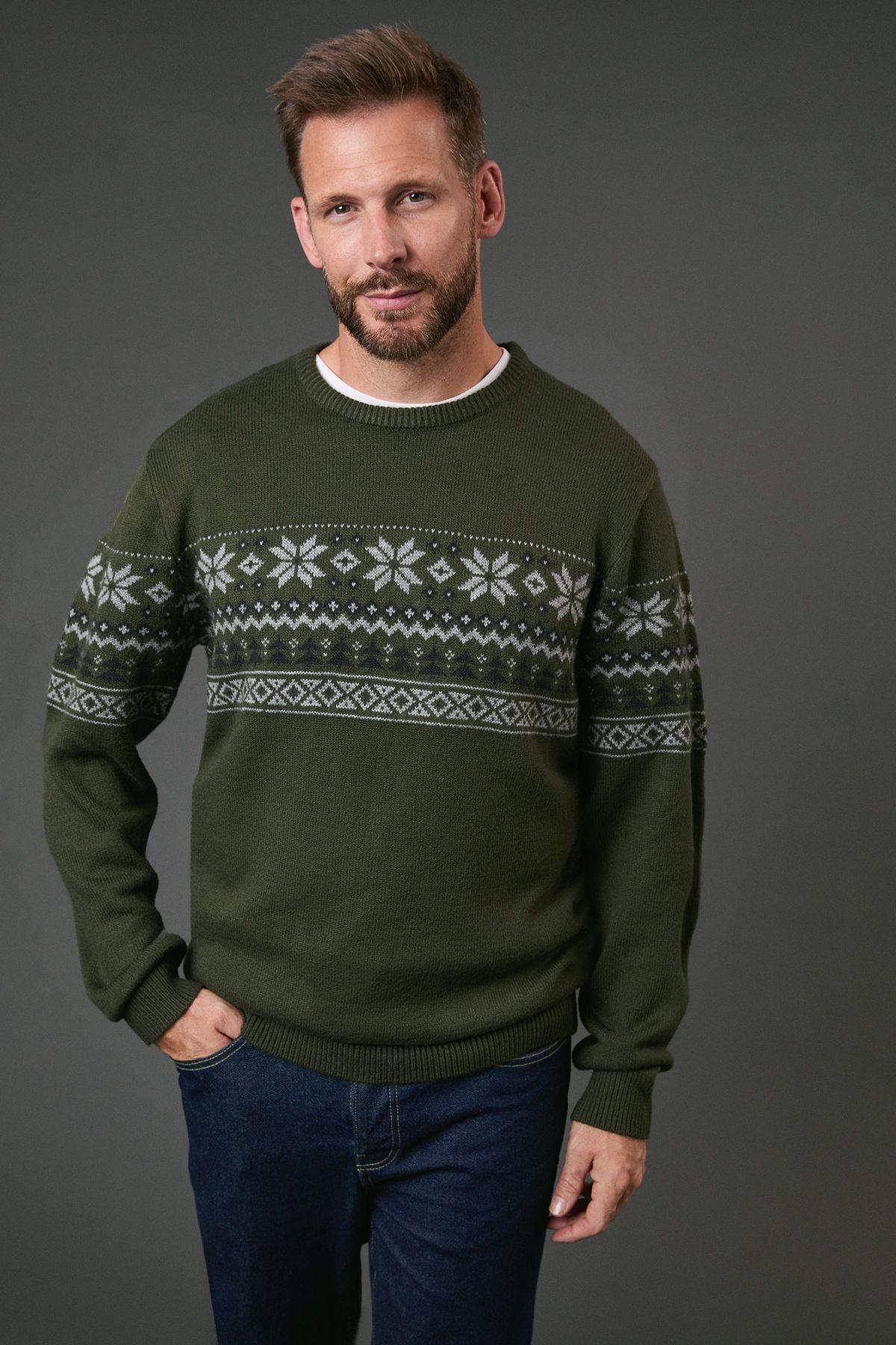 Khaki Patterned Crew Neck Knitted Jumper by MAINE