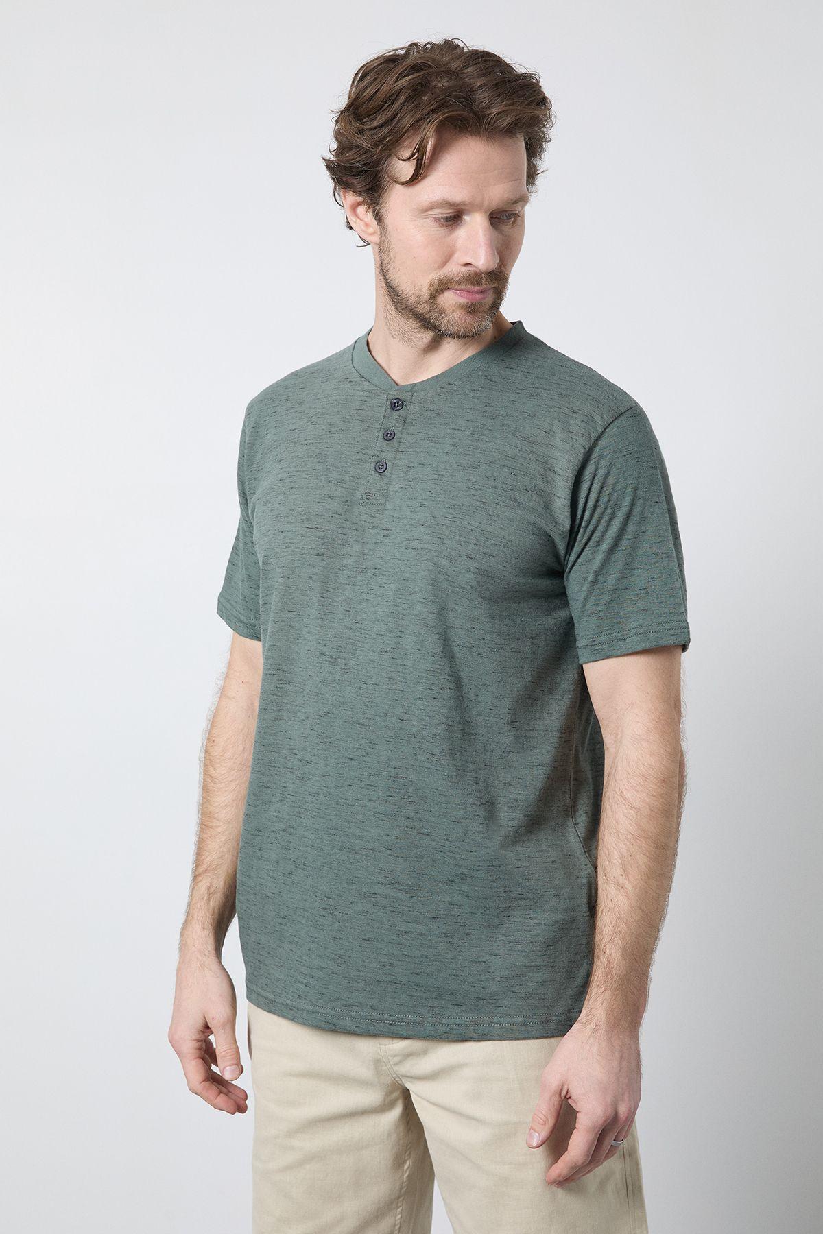 Khaki Short Sleeve Slub Grandad Neck T-Shirt by MAINE