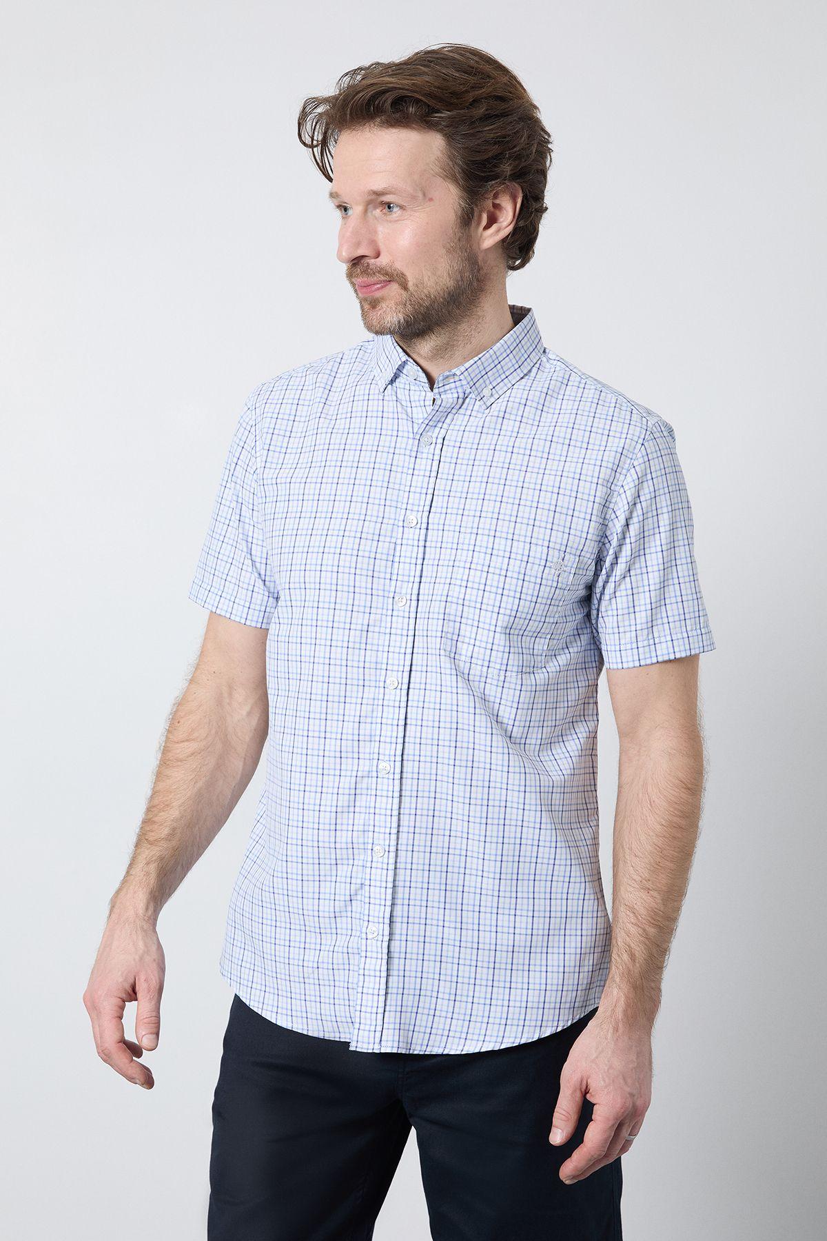 Light Blue Classic Check Short Sleeve Shirt by MAINE