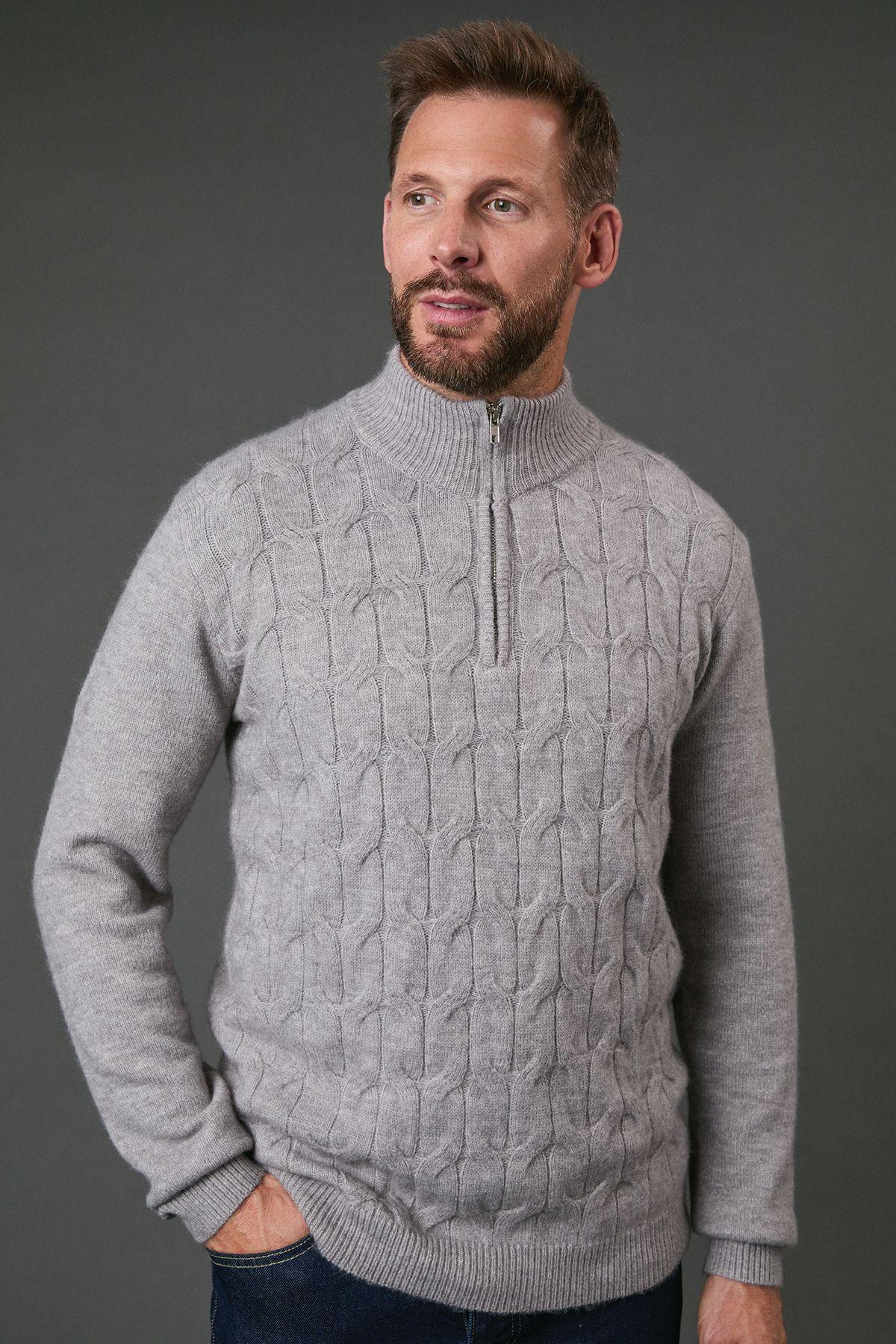 Light Grey Cable Half Zip Jumper by MAINE