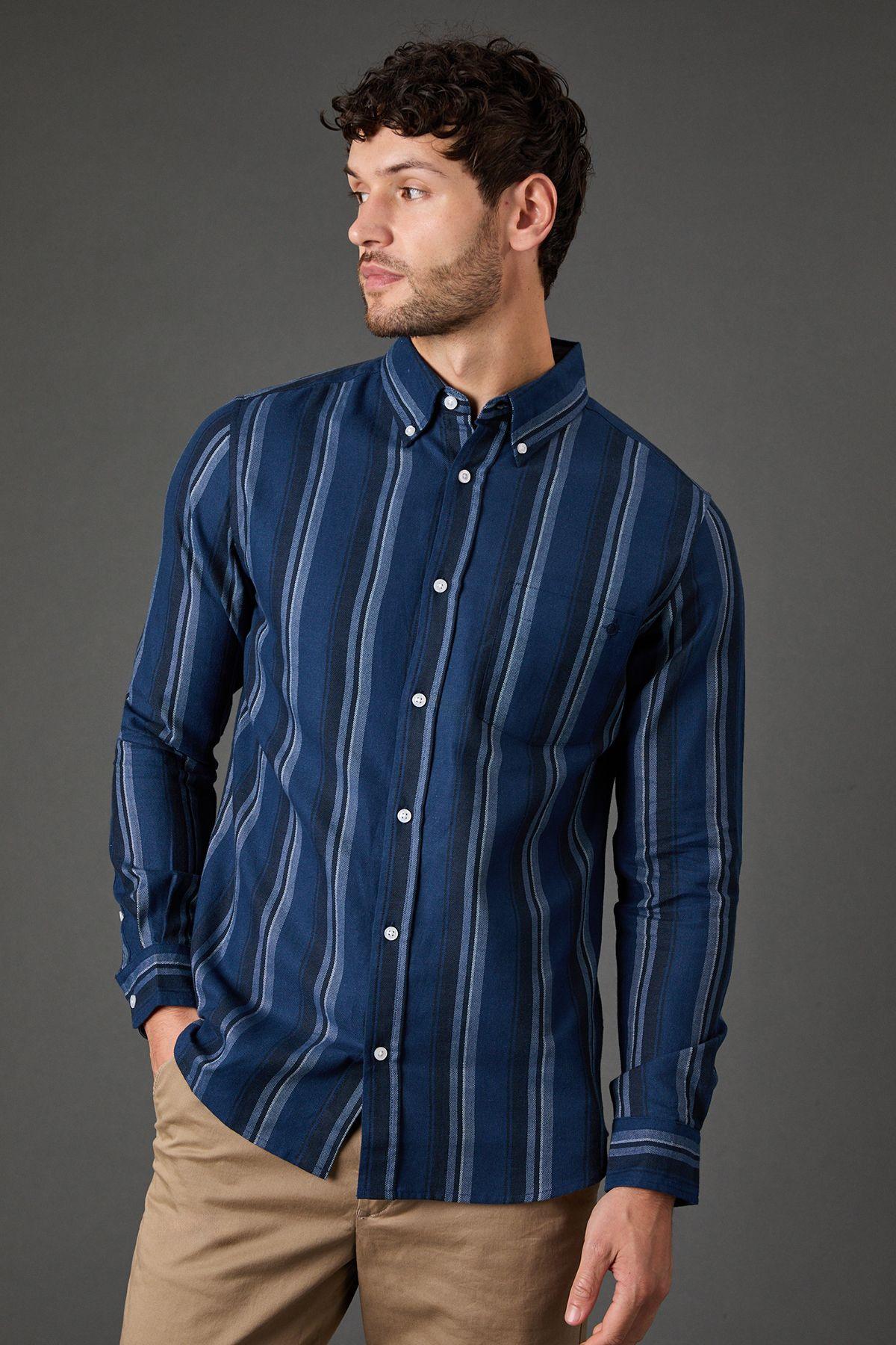 Navy Blue Stripe Long Sleeve Shirt by MAINE