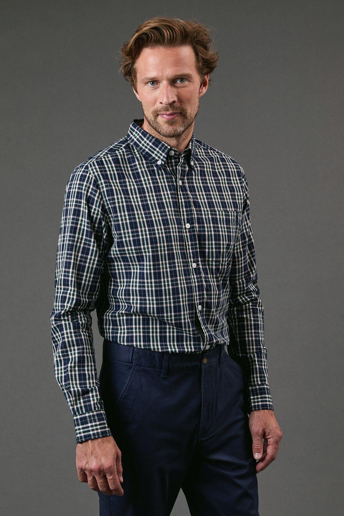 Navy Check Long Sleeve Shirt by MAINE