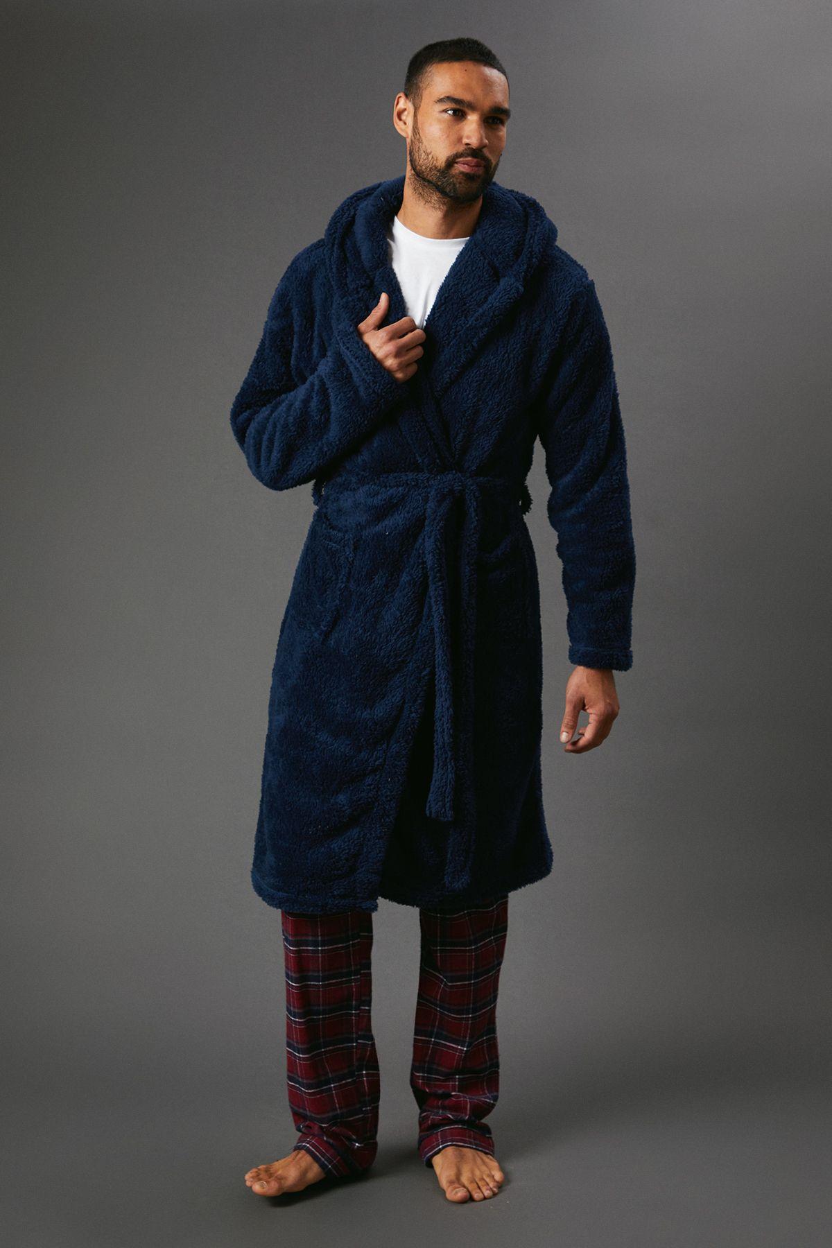 Navy Chunky Sherpa Hooded Dressing Gown by MAINE