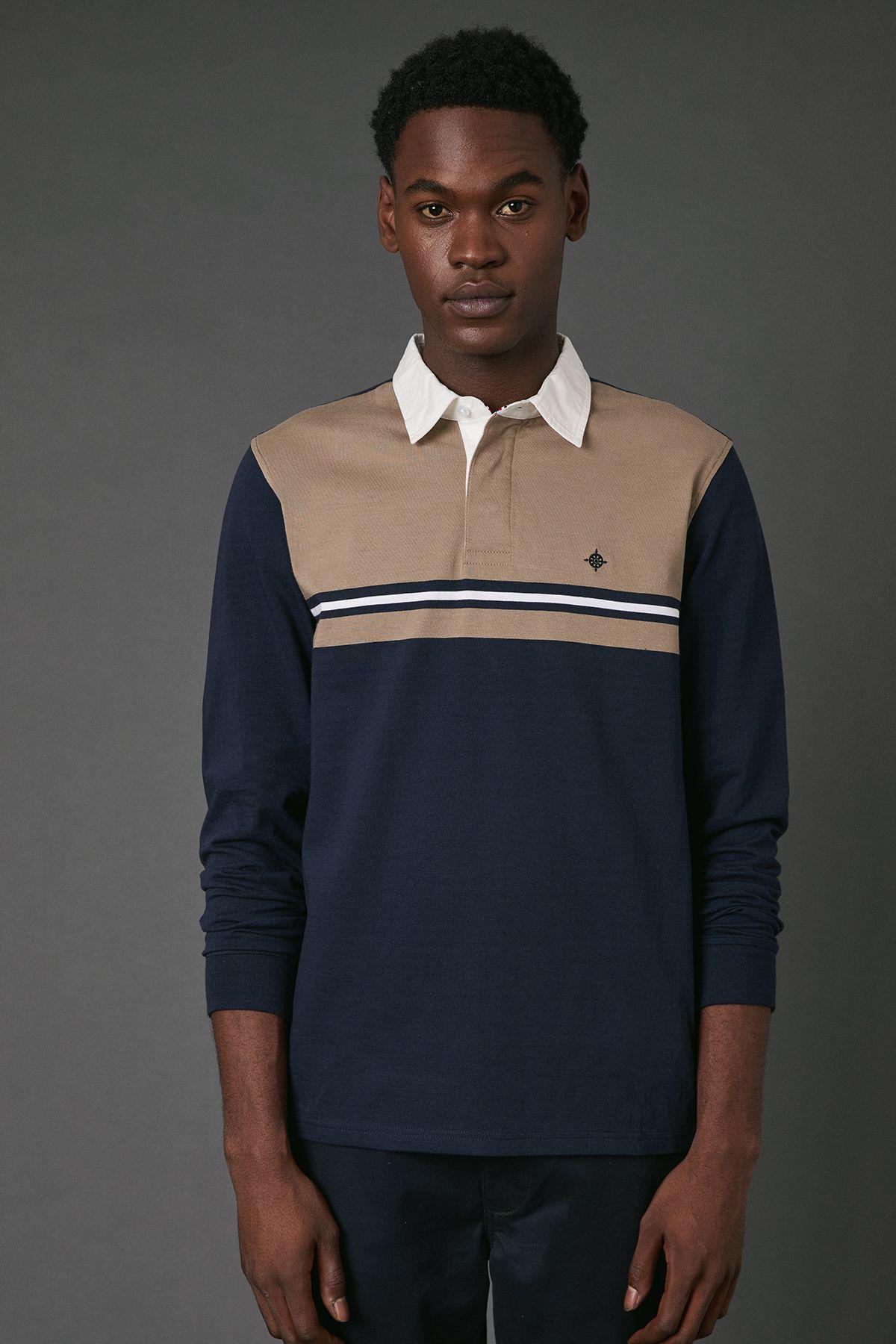 Navy Colour Block Rugby Shirt by MAINE