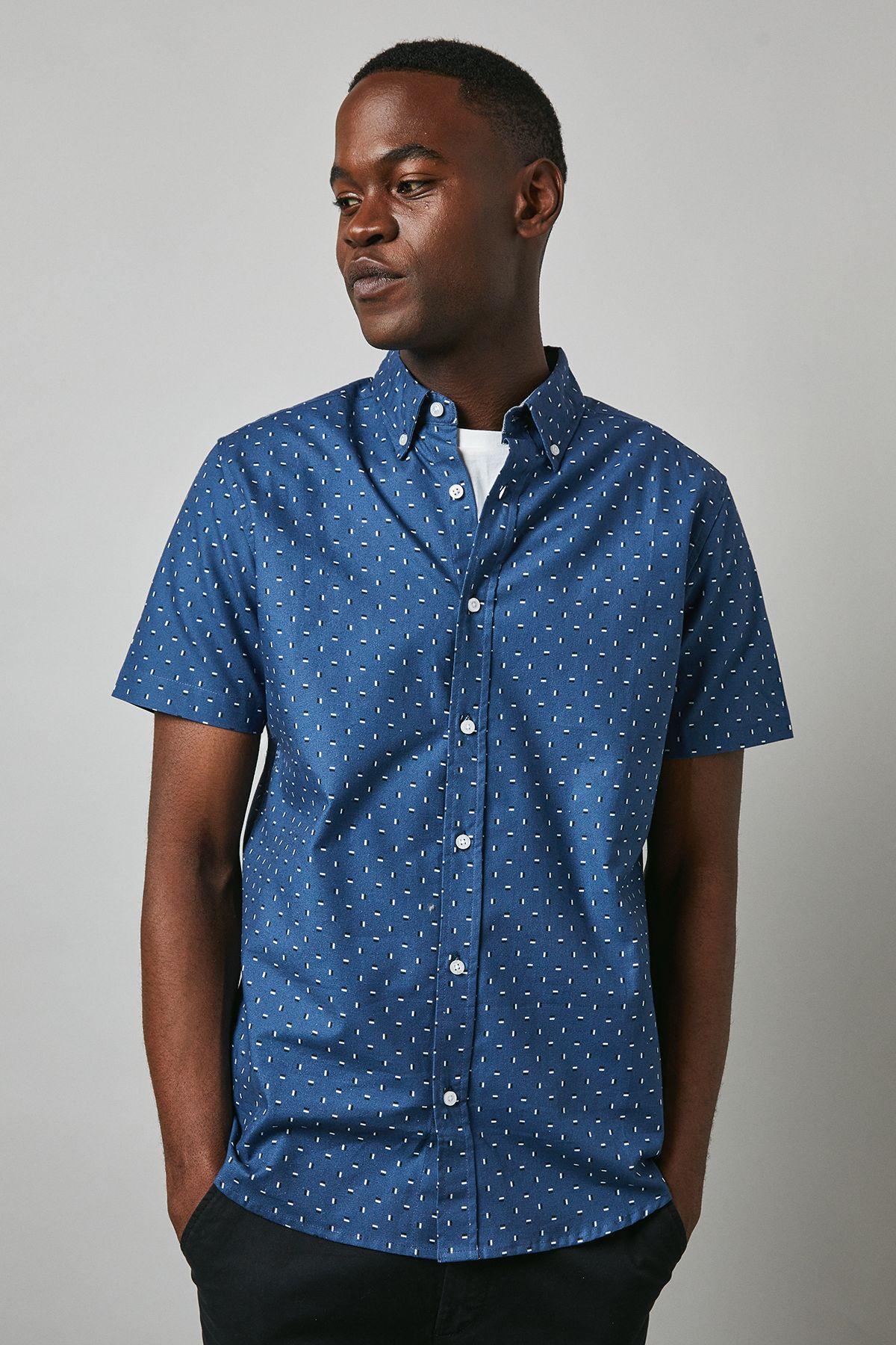 Navy Dash Print Short Sleeve Shirt by MAINE