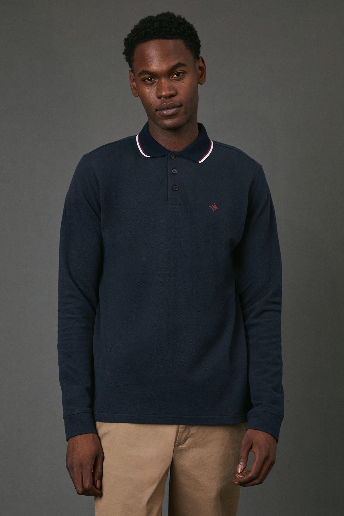 Navy Long Sleeve Pique Polo Shirt by MAINE