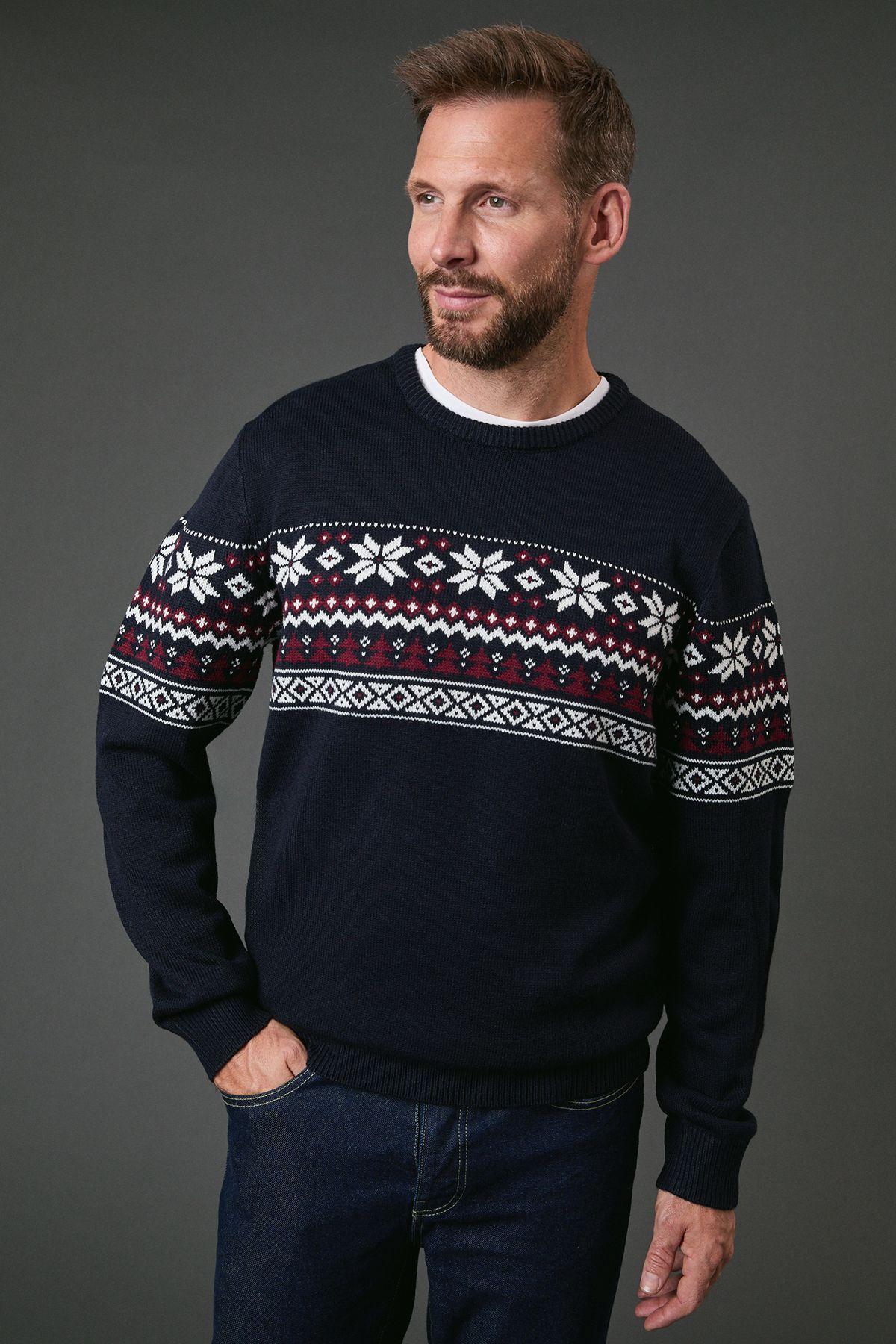 Navy Patterned Crew Neck Knitted Jumper by MAINE