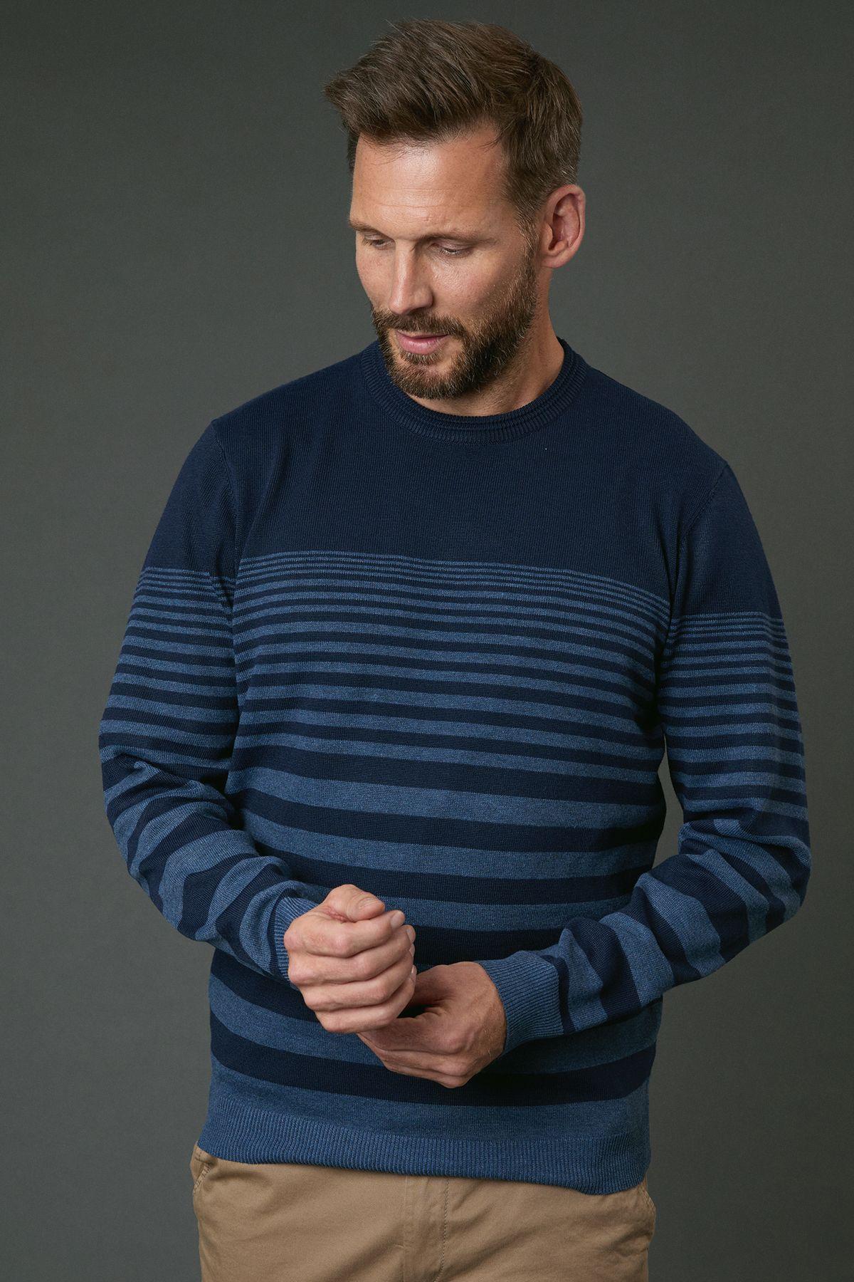 Navy Placement Stripe Crew Neck Knitted Jumper by MAINE