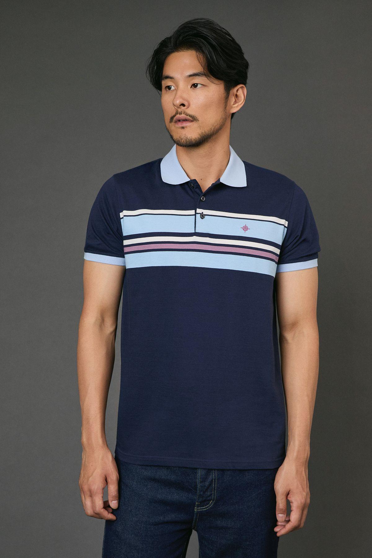 Navy Placement Stripe Polo Shirt by MAINE