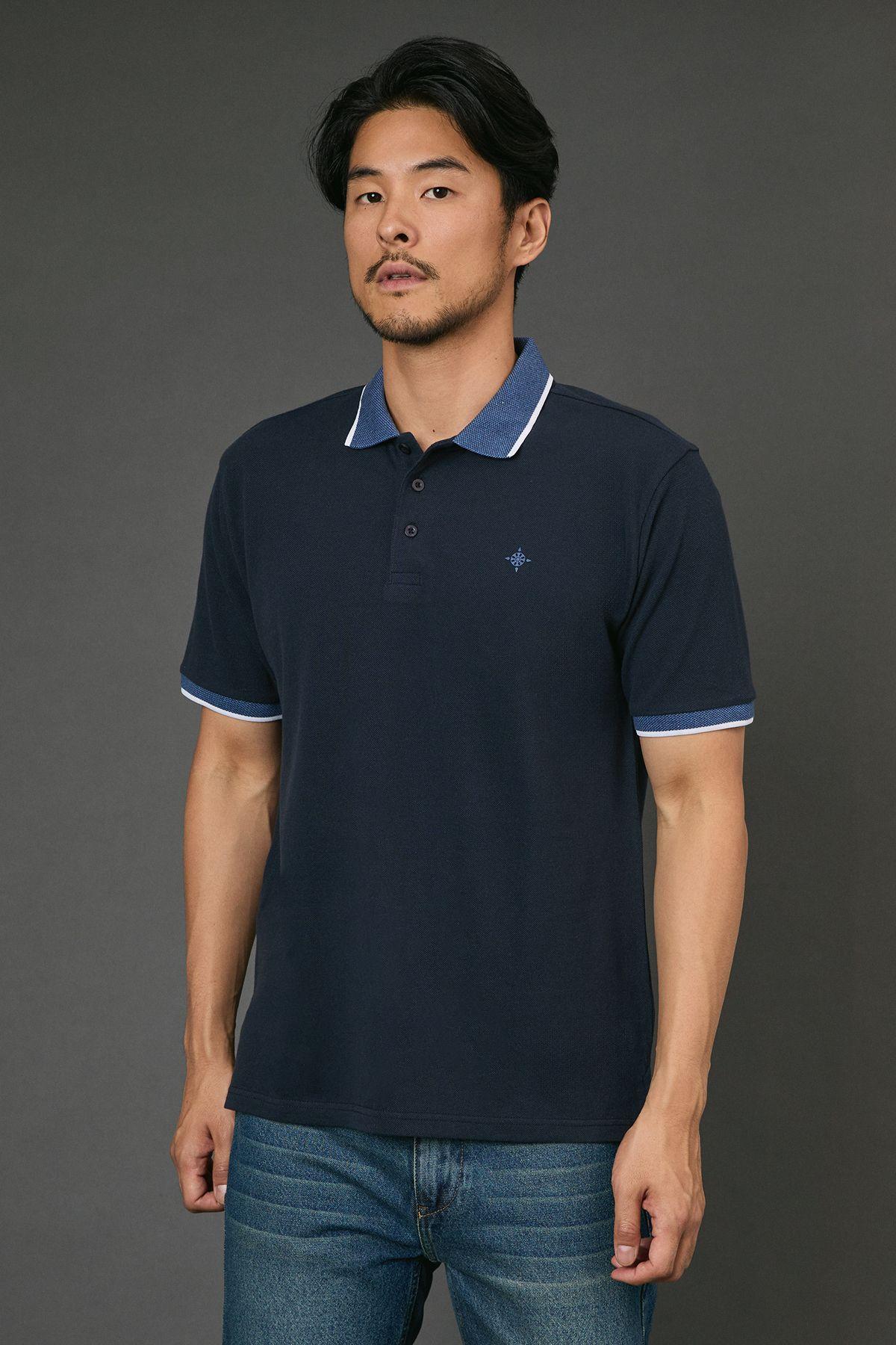 Navy Tipped Pique Polo Shirt by MAINE