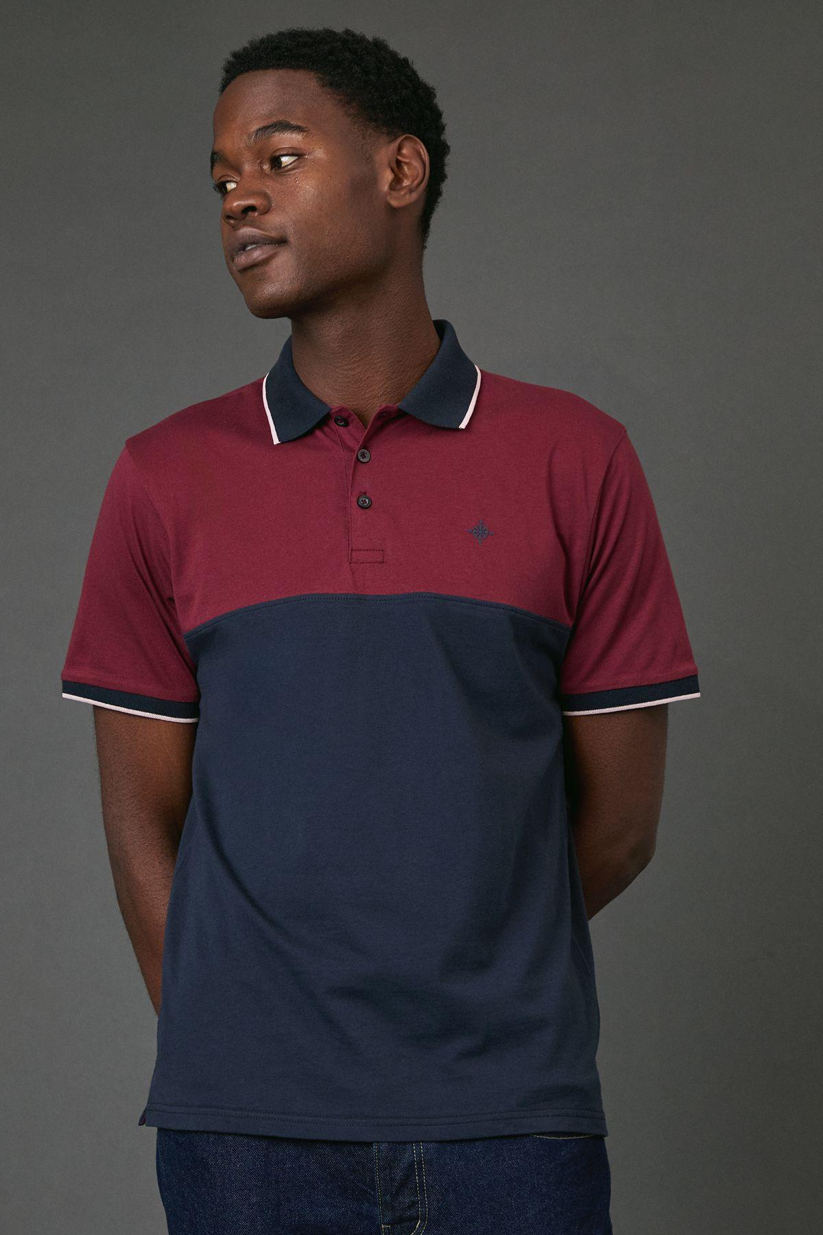 Red Navy Colourblock Polo Shirt by MAINE