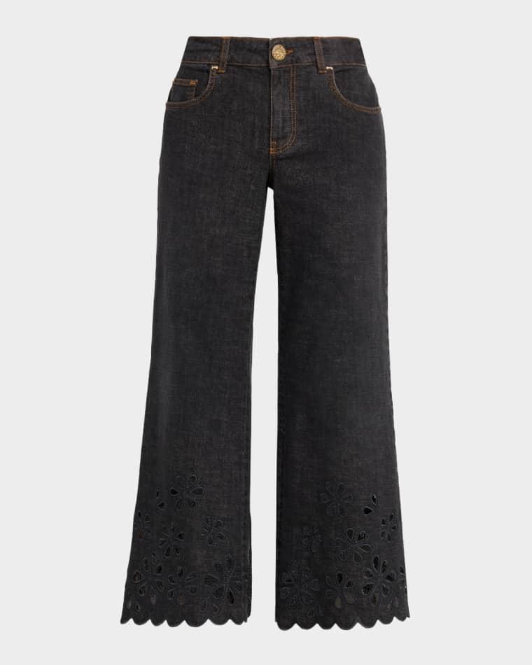Eyelet Scalloped Flare Crop Jeans by MAISON COMMON
