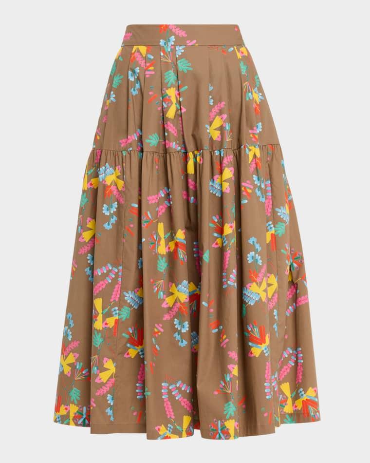 Geometric Floral Cotton Pleated Midi Skirt by MAISON COMMON