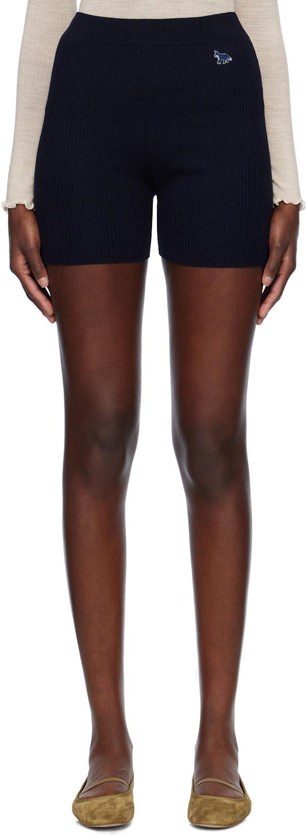Navy Baby Fox Patch Fine Ribbed Shorts by MAISON KITSUNE