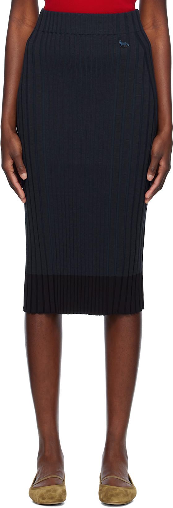 Navy Baby Fox Patch Ribbed Midi Skirt by MAISON KITSUNE