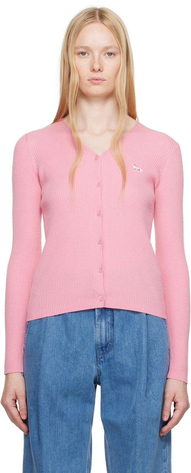 Pink Baby Fox Patch Fine Ribbed Cardigan by MAISON KITSUNE