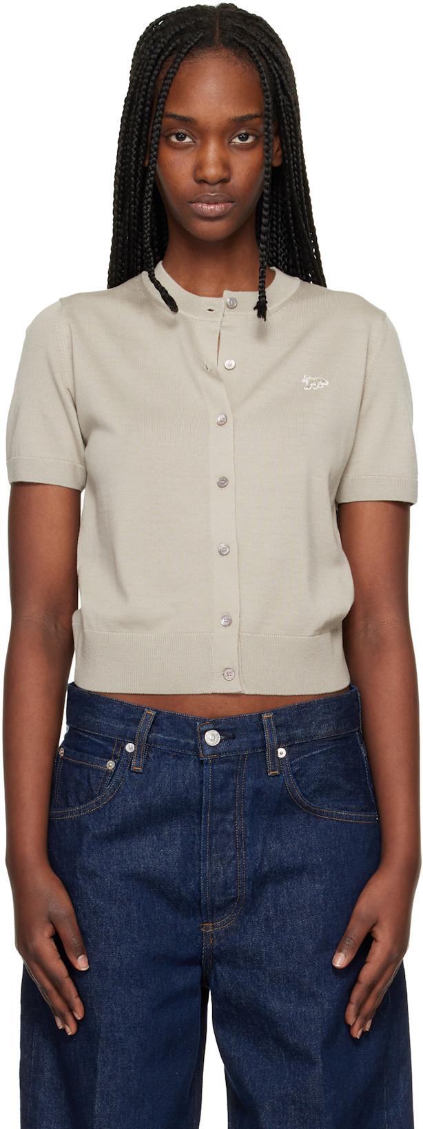 Taupe Baby Fox Fine Merino Short Sleeve Cardigan by MAISON KITSUNE