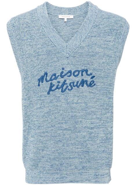 embroidered-logo V-neck cotton vest by MAISON KITSUNE