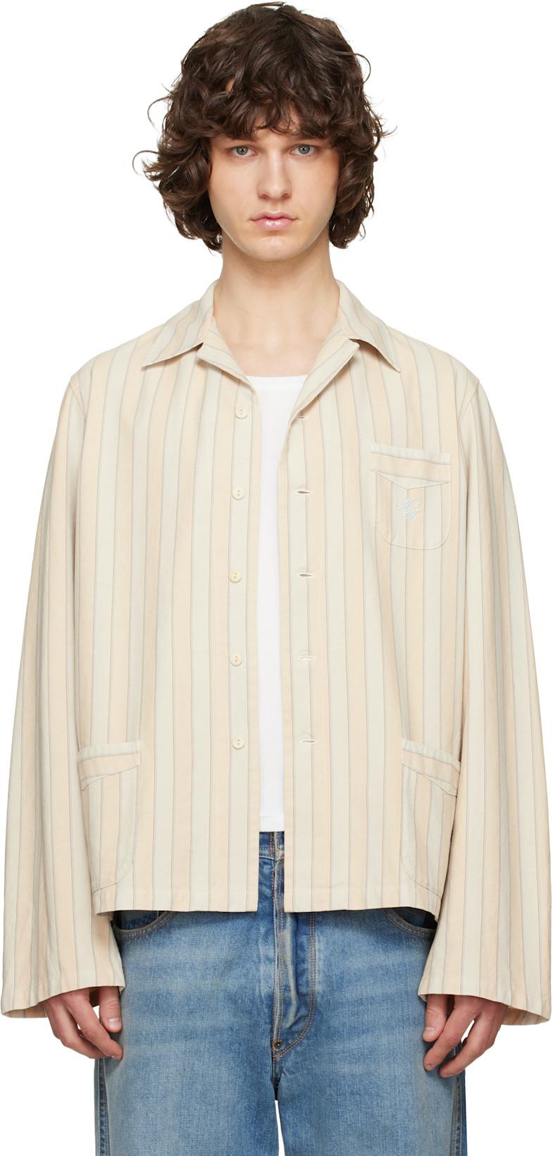 Beige & Blue Cotton Striped Shirt by MAISON MARGIELA