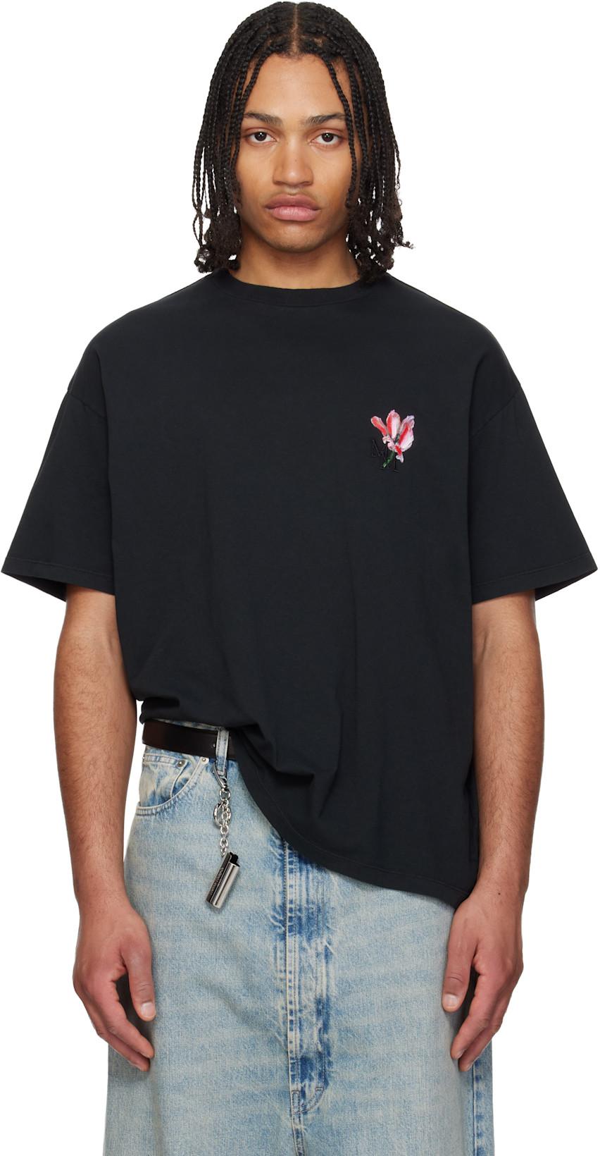 Black 'Floral MM' Embroidered Cotton T-shirt by MAISON MARGIELA