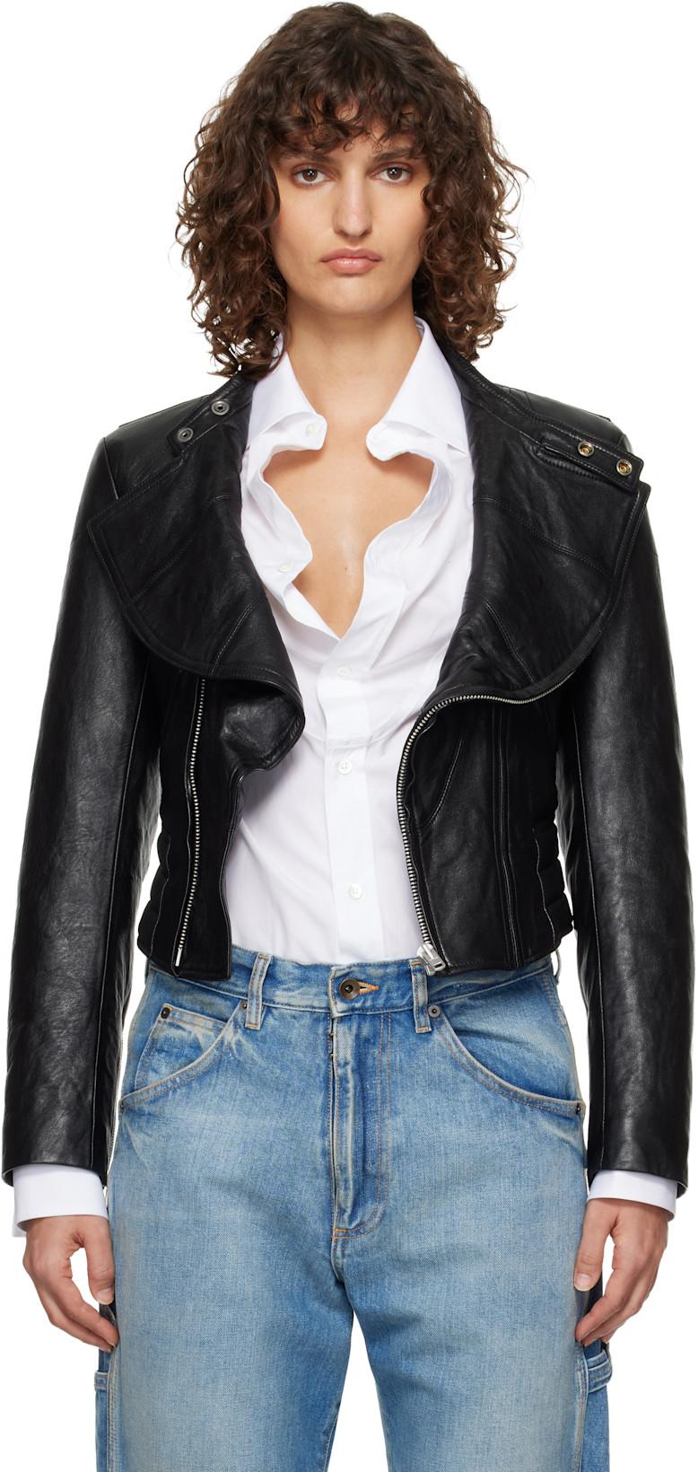 Black Folded Collar Leather Jacket by MAISON MARGIELA
