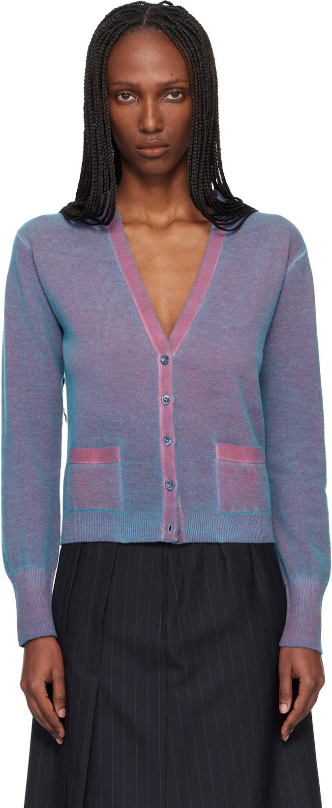 Blue & Red Virgin Wool V Neck Cardigan by MAISON MARGIELA