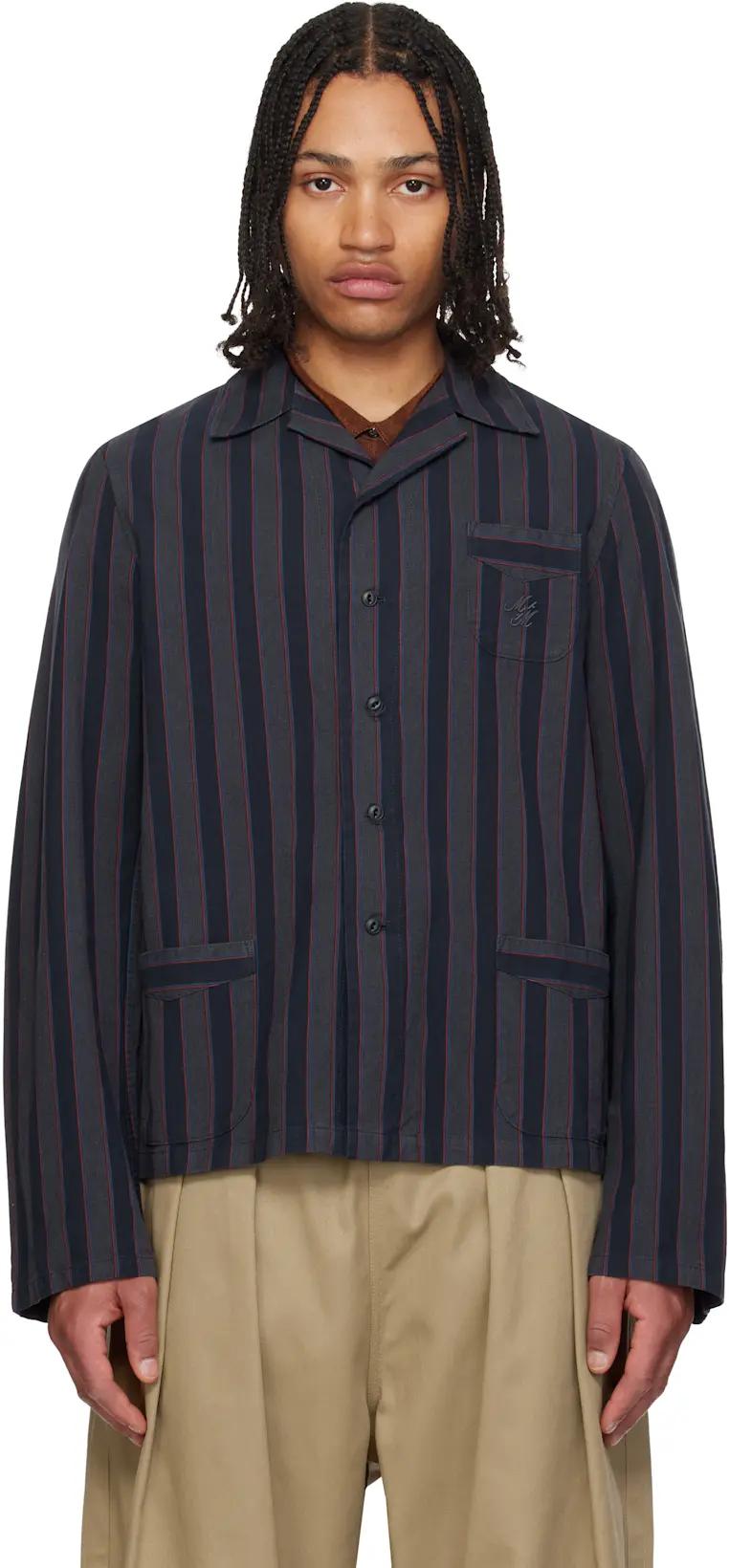 Gray Cotton Striped Overshirt by MAISON MARGIELA
