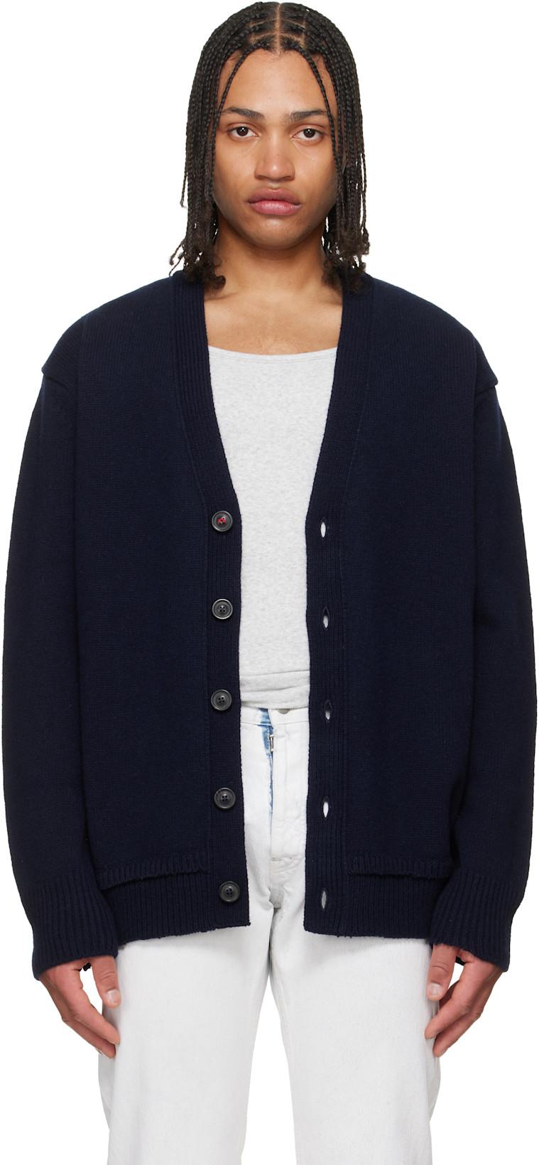 Navy Elbow Patch Cardigan by MAISON MARGIELA