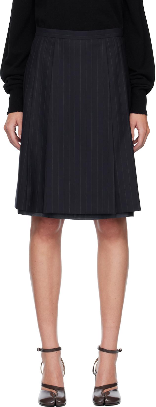 Navy Striped Wool Midi Skirt by MAISON MARGIELA