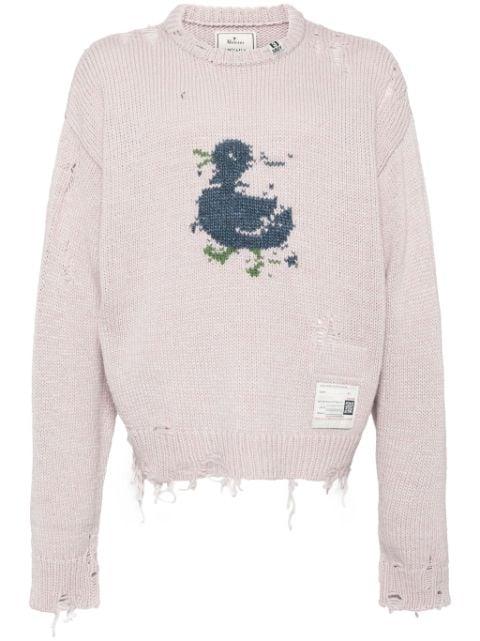 Dinosaur-intarsia distressed cardigan by MAISON MIHARA YASUHIRO
