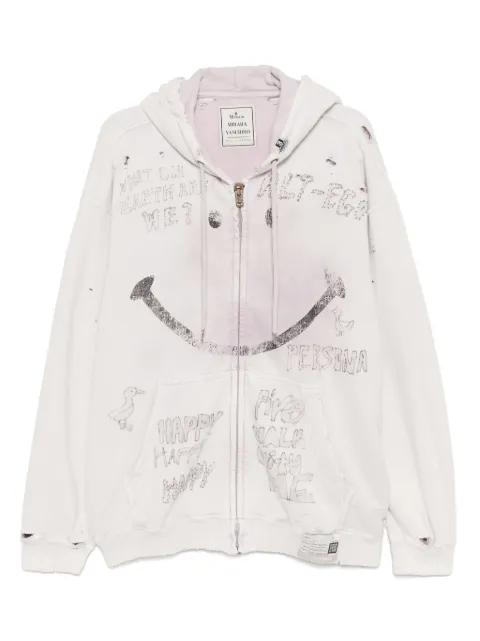 bleached smily-face-print zip-up hoodie by MAISON MIHARA YASUHIRO