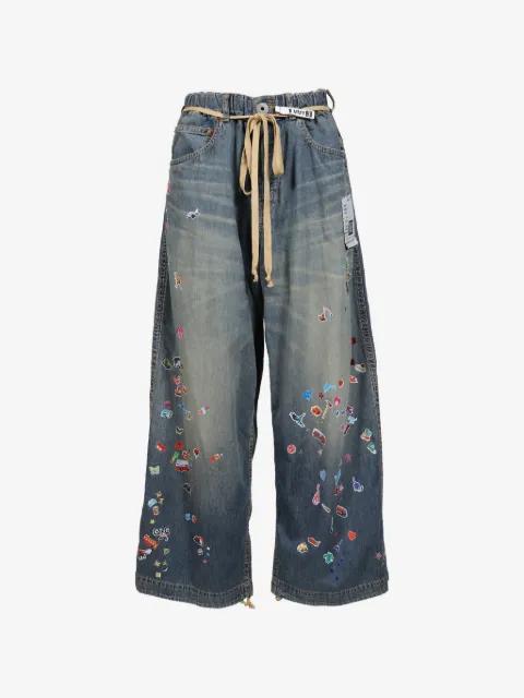 kids-sticker printed wide denim pants by MAISON MIHARA YASUHIRO